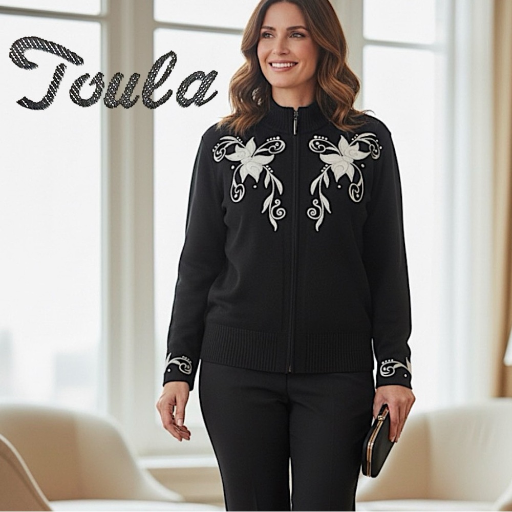 TOULA Womens 12 Black Full Zip Embellished Floral Wool Blend Cardigan Sweater